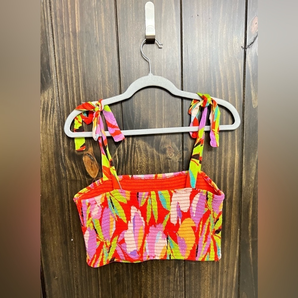 Lulus Red, Tropical-Multi Print Smocked Tie-Strap Top - 
Size: XL - Picture 7 of 8
